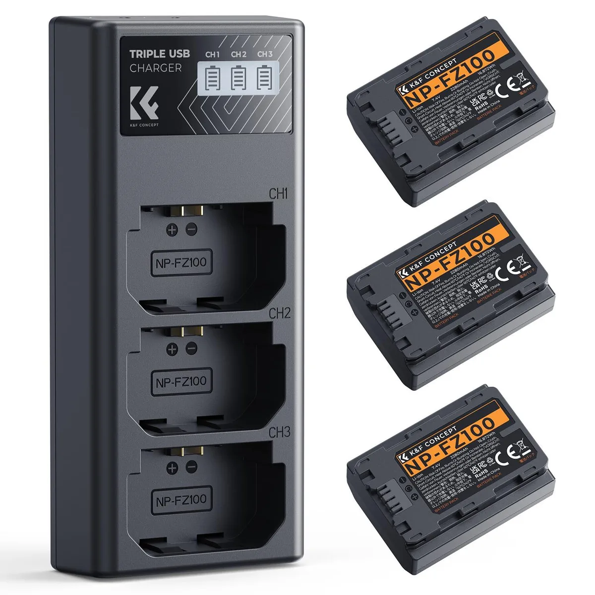  K&amp;F CONCEPT 3-Pack NP-FZ100 Battery &amp; LCD Charger 2280mAh — product photo