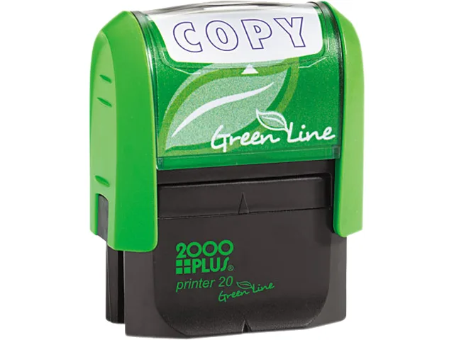 Blue rectangular self-inking stamp with green casing