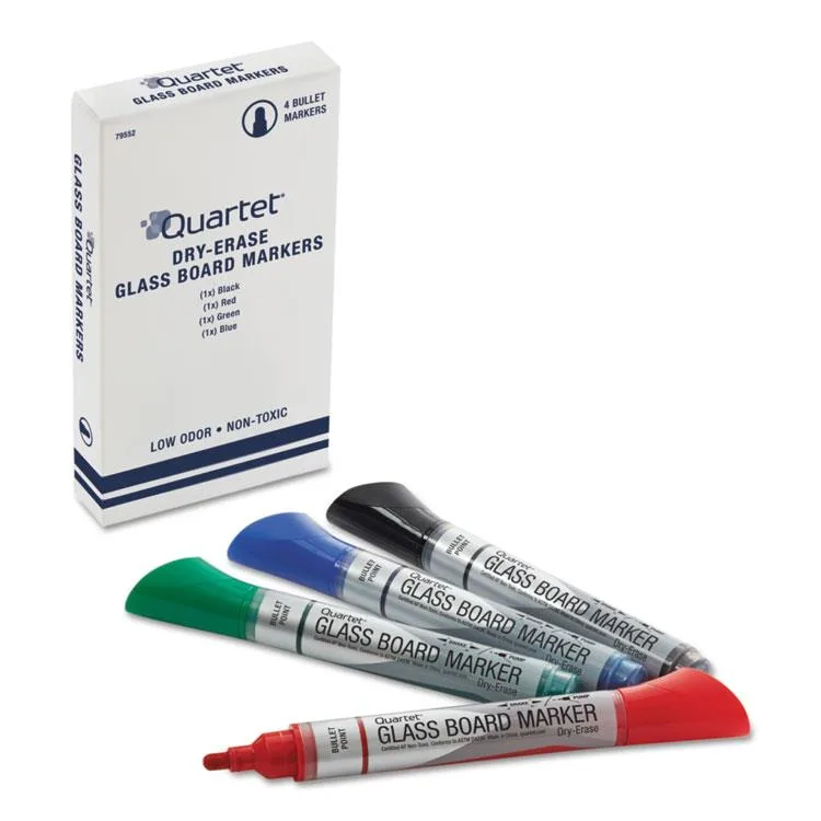 Four dry-erase markers in black blue red green with bullet tips and visible ink gauges