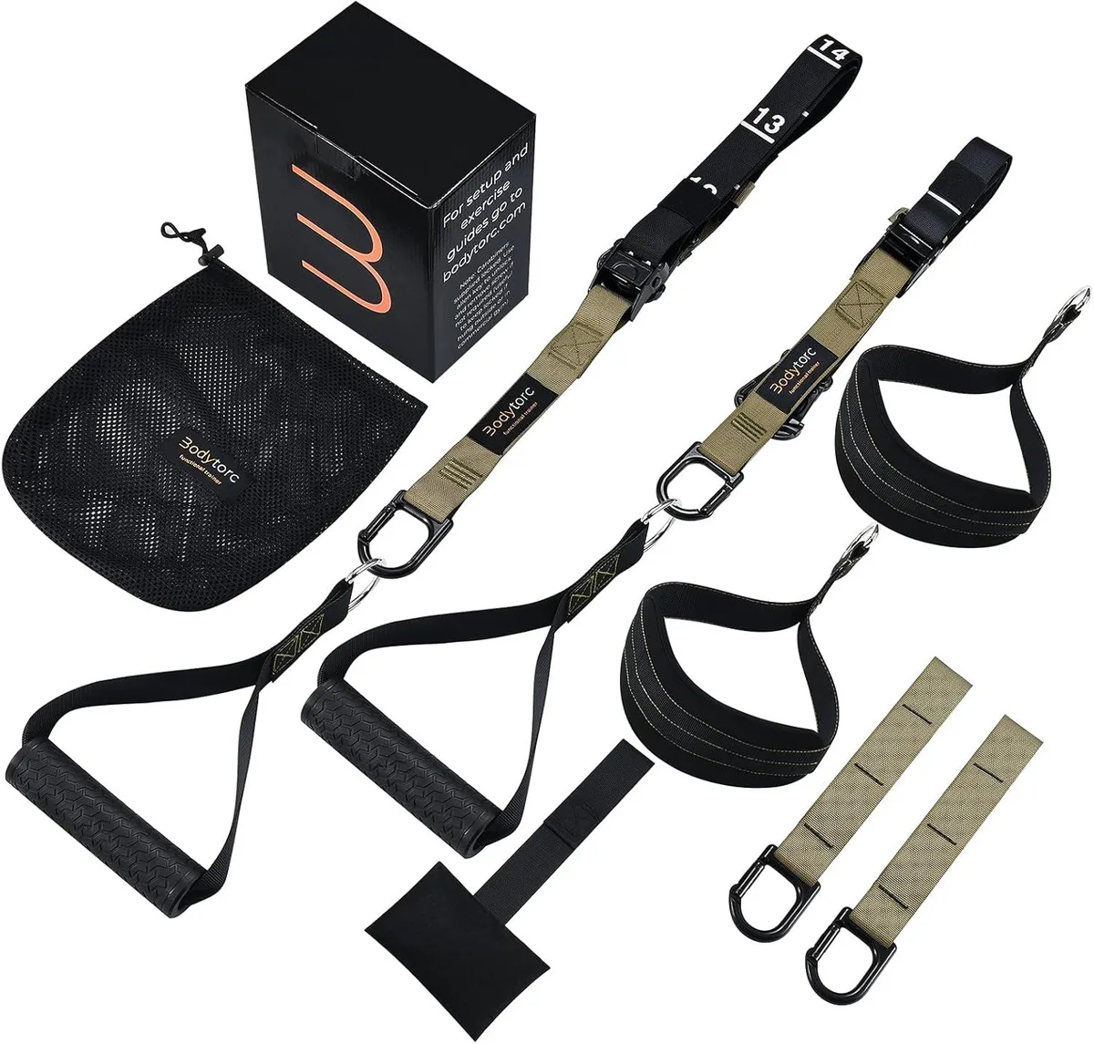 Green suspension trainer straps with handles, foot cradles, door anchor and extension arms