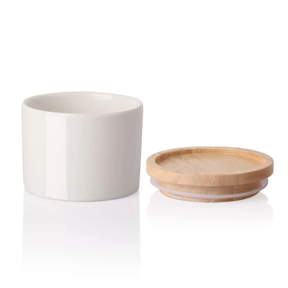 White ceramic jar with wooden lid, 3.3 by 2.6 inches