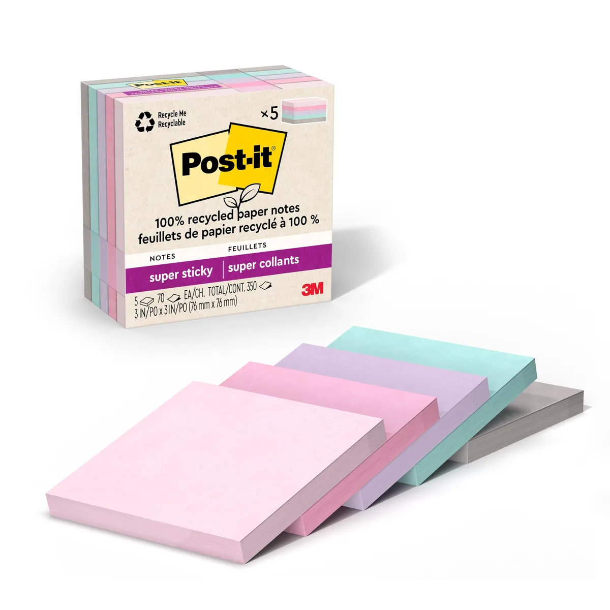 Five square pastel sticky-note pads in recycled packaging