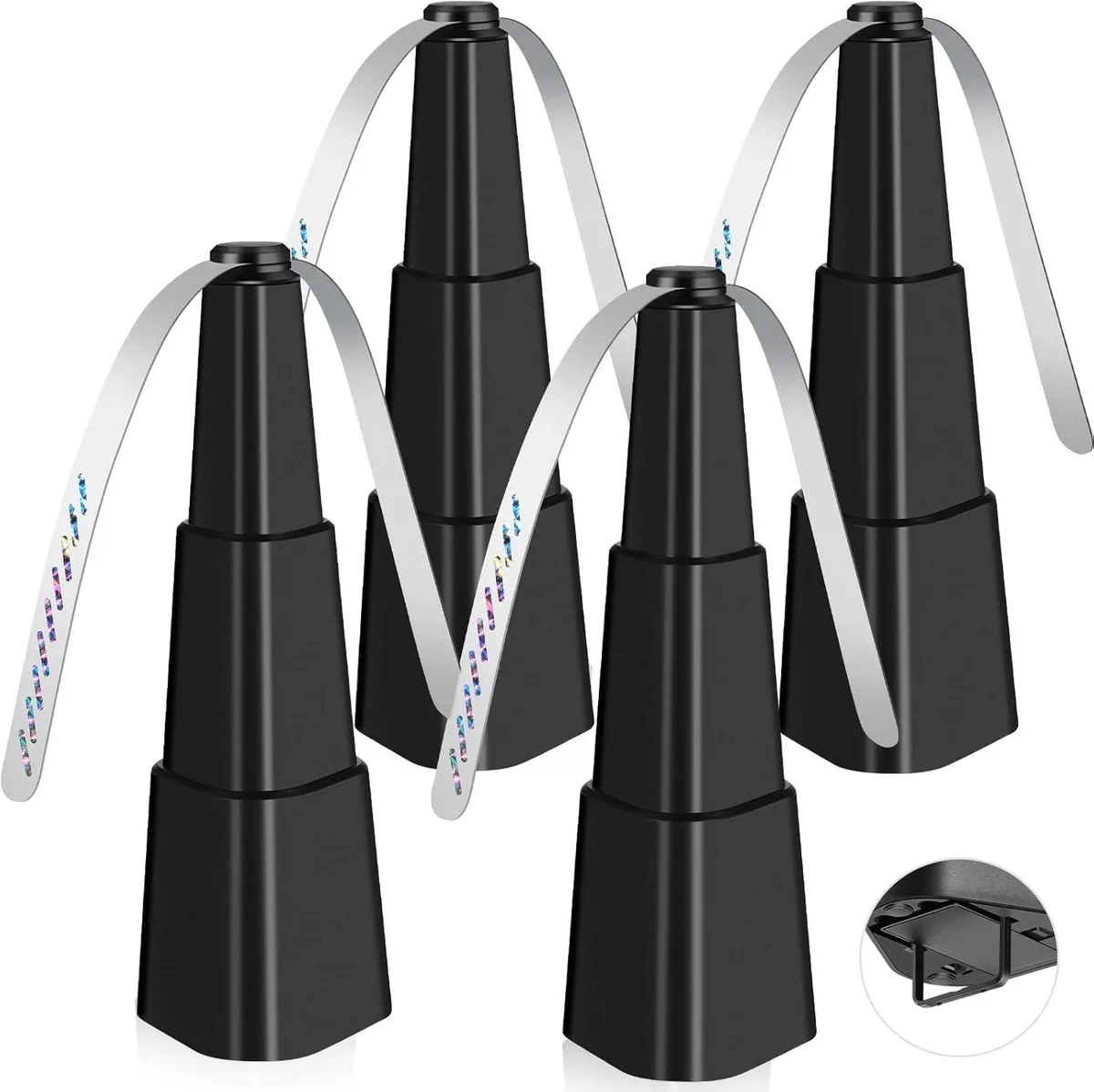 Four glossy white plastic fans with holographic blades and hanging rings