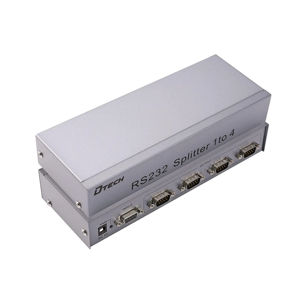 A compact metal box with one DB9 input and four DB9 outputs, plus a power socket