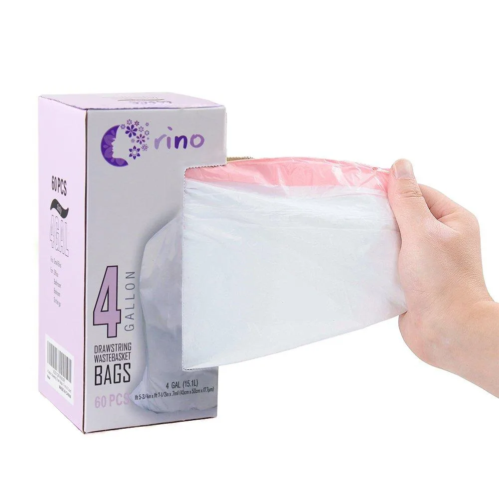 White 4-gallon drawstring trash bags in dispenser box, 60-count pack