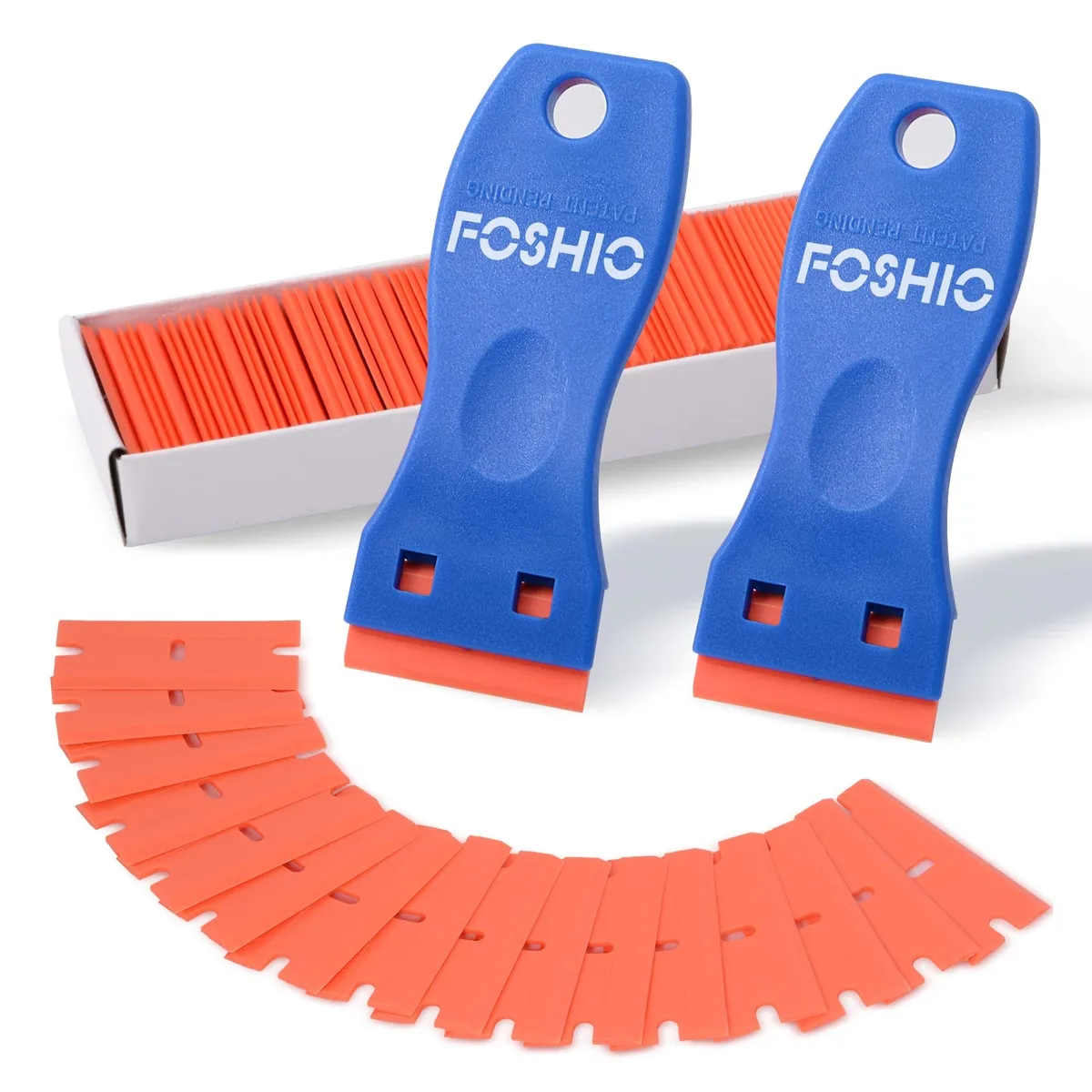 Blue plastic scraper kit with two angled handles and one hundred double-edge blades