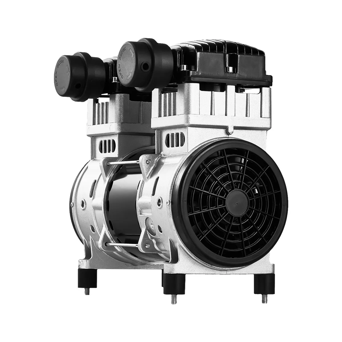 Silver metal air compressor pump rectangular block with cooling fins and black motor housing