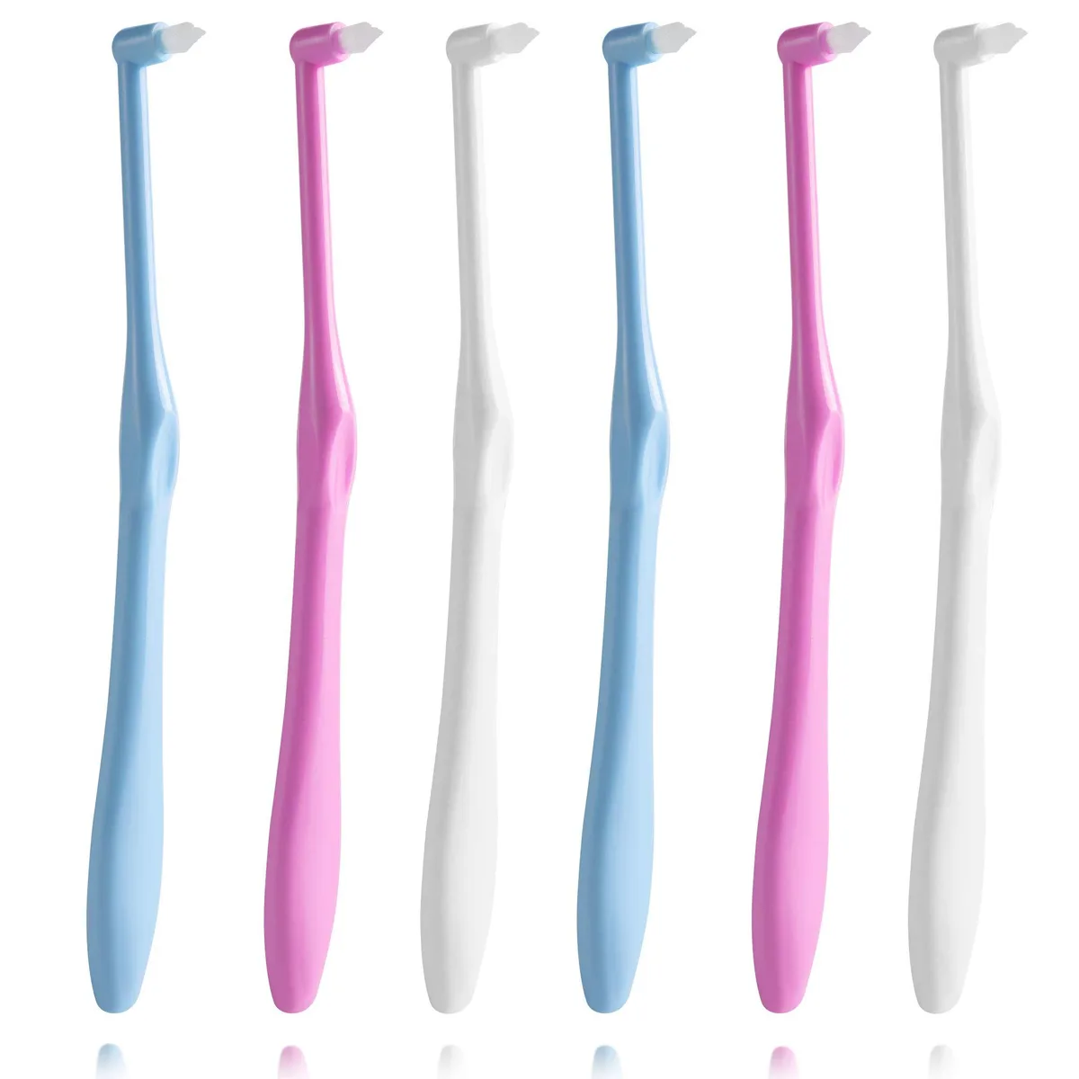 Six small tapered brushes with coloured handles in white blue and pink