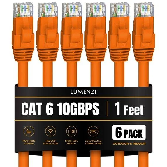 Lumenzi Lumenzi EC-6-1-ORG-6 Cat 6 Ethernet Cable 1 FT Orange 6 Pack 10 Gbps 550 MHz — product photo