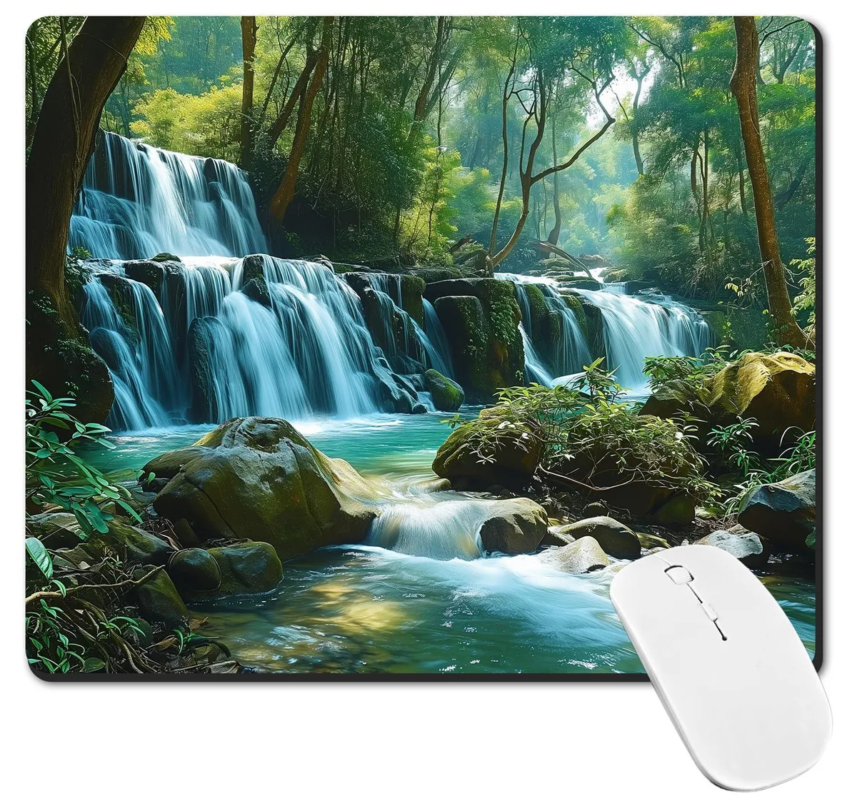 Rectangular mouse pad with a waterfall scene in purples and blues, cloth top on rubber base