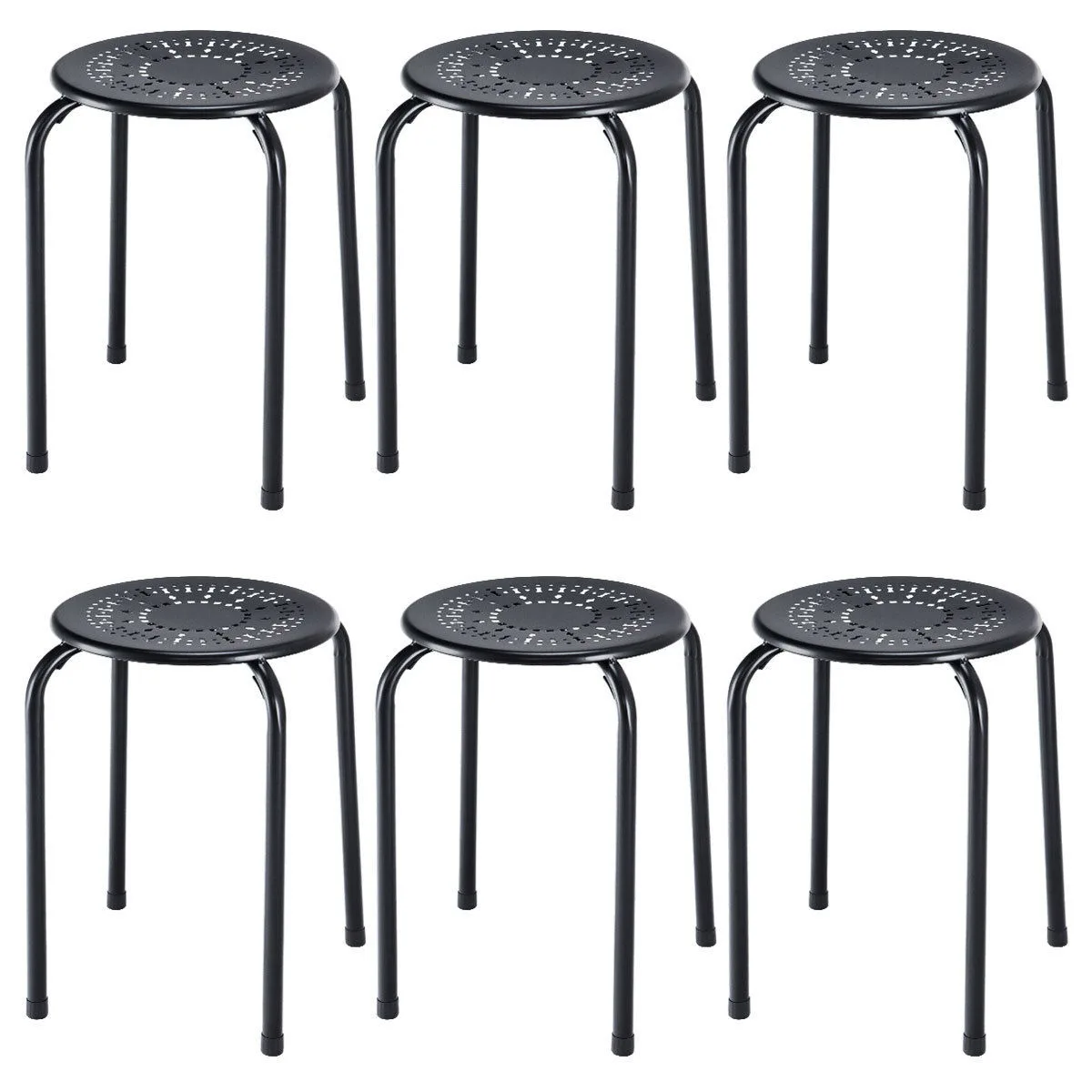 Six black metal barstools with daisy cut-out seats, stackable, powder-coated finish
