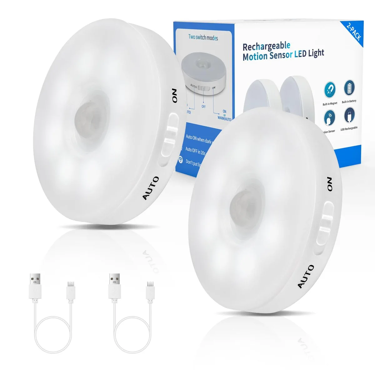 Two small white round LED puck lights with clear prismatic lenses and magnetic backing
