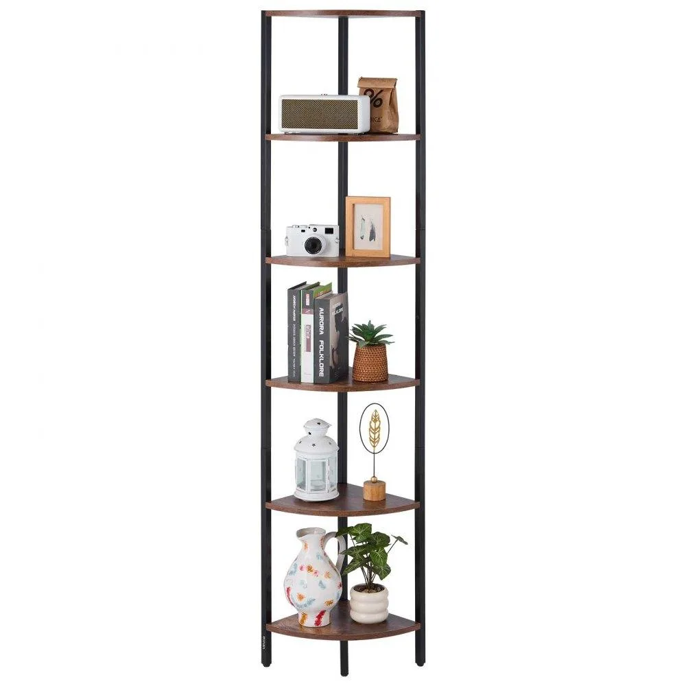 Tall black metal corner shelf with six brown wood tiers and RGB LED strip lighting