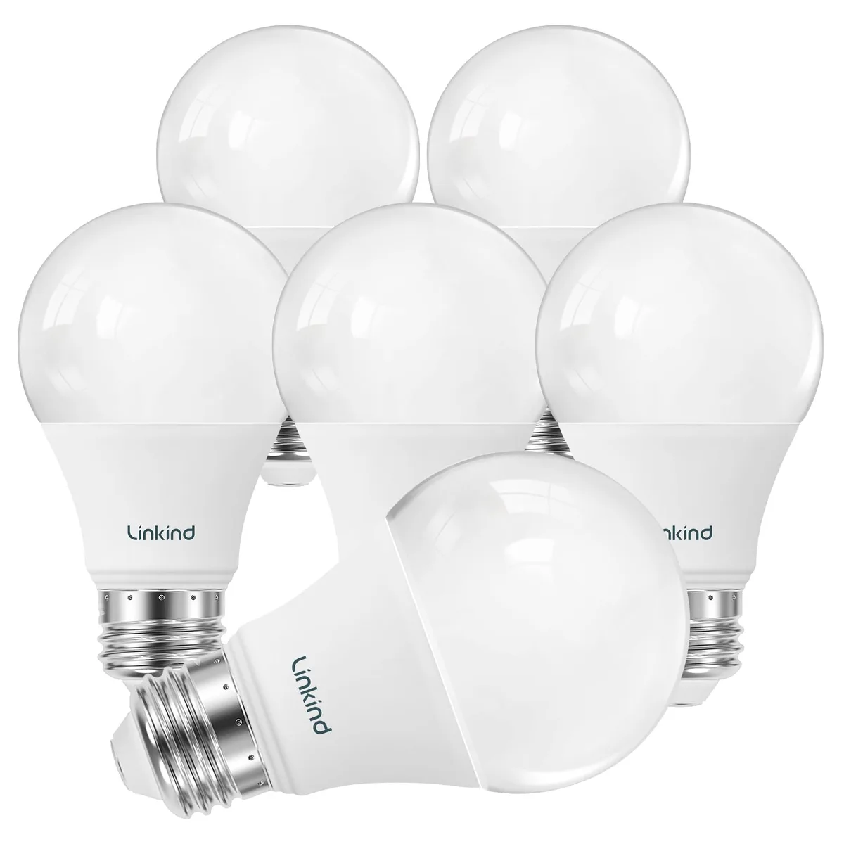 Linkind A19 LED Light Bulb 60W Equivalent 2700K 800lm 8.5W Non-Dimmable E26 6 Pack — product photo