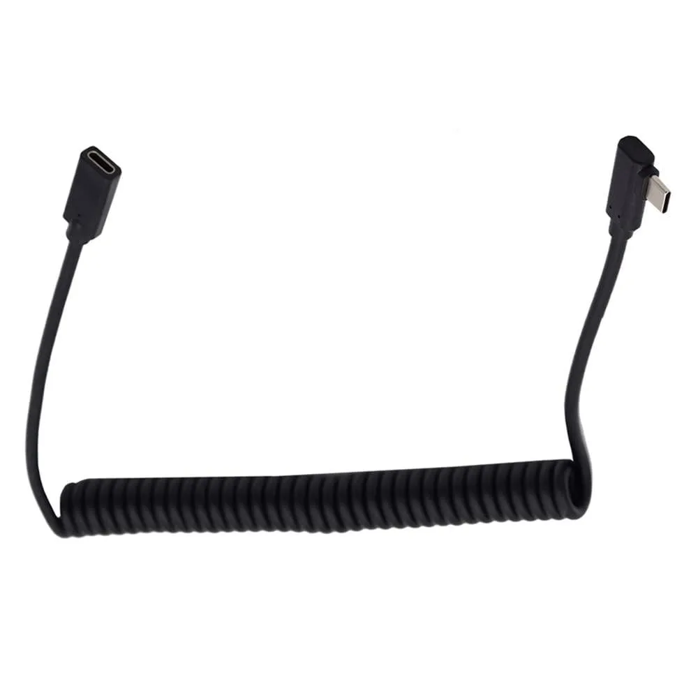 Coiled USB-C extension cable with angled male and female connectors, black matte finish