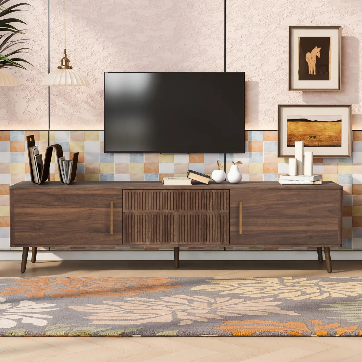 tuphen tuphen Mid Century TV Stand 2 Drawers Walnut 70.8in Home Entertainment — product photo