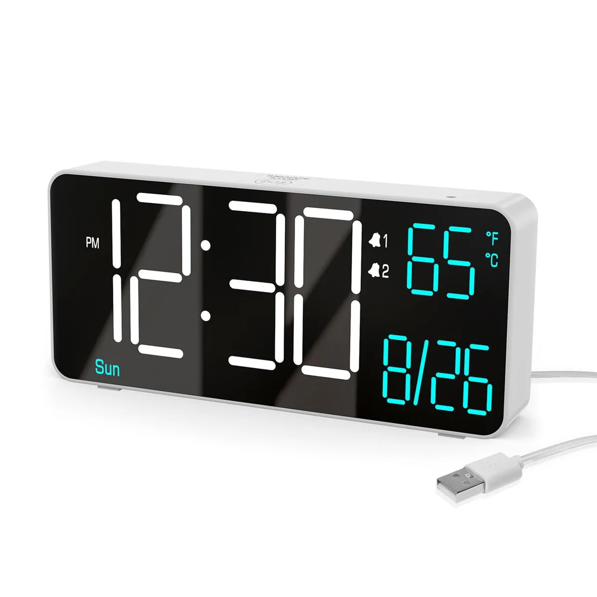 White rectangular digital alarm clock with 6.7 inch LED display showing blue digits
