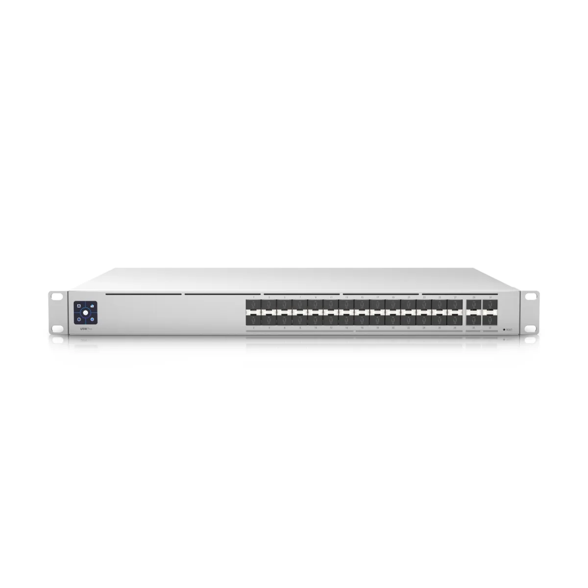 Silver rackmount switch with 32 SFP ports in a single row