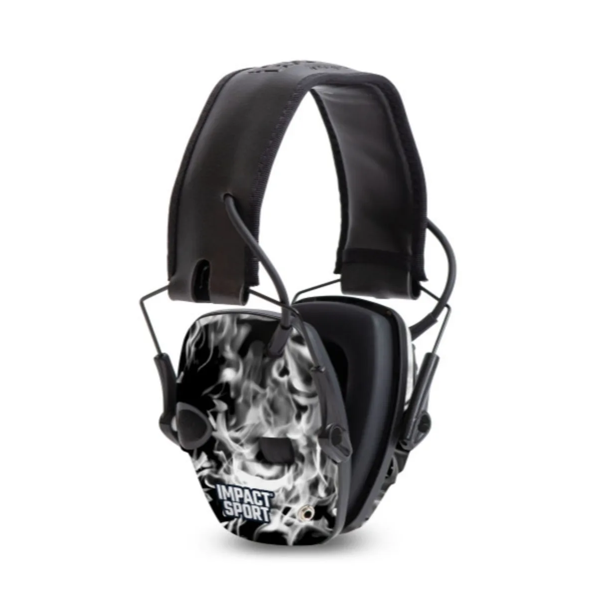 Smoked electronic hearing muff with slim earcups and padded adjustable headband