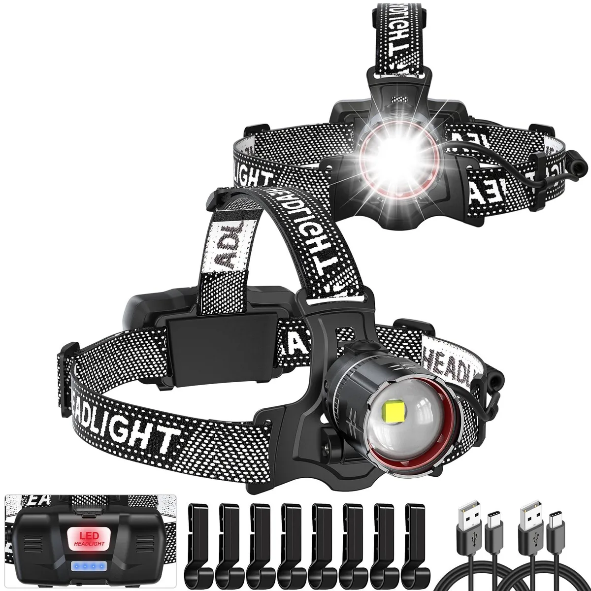 Two black rectangular headlamps with adjustable straps and Type-C ports side by side