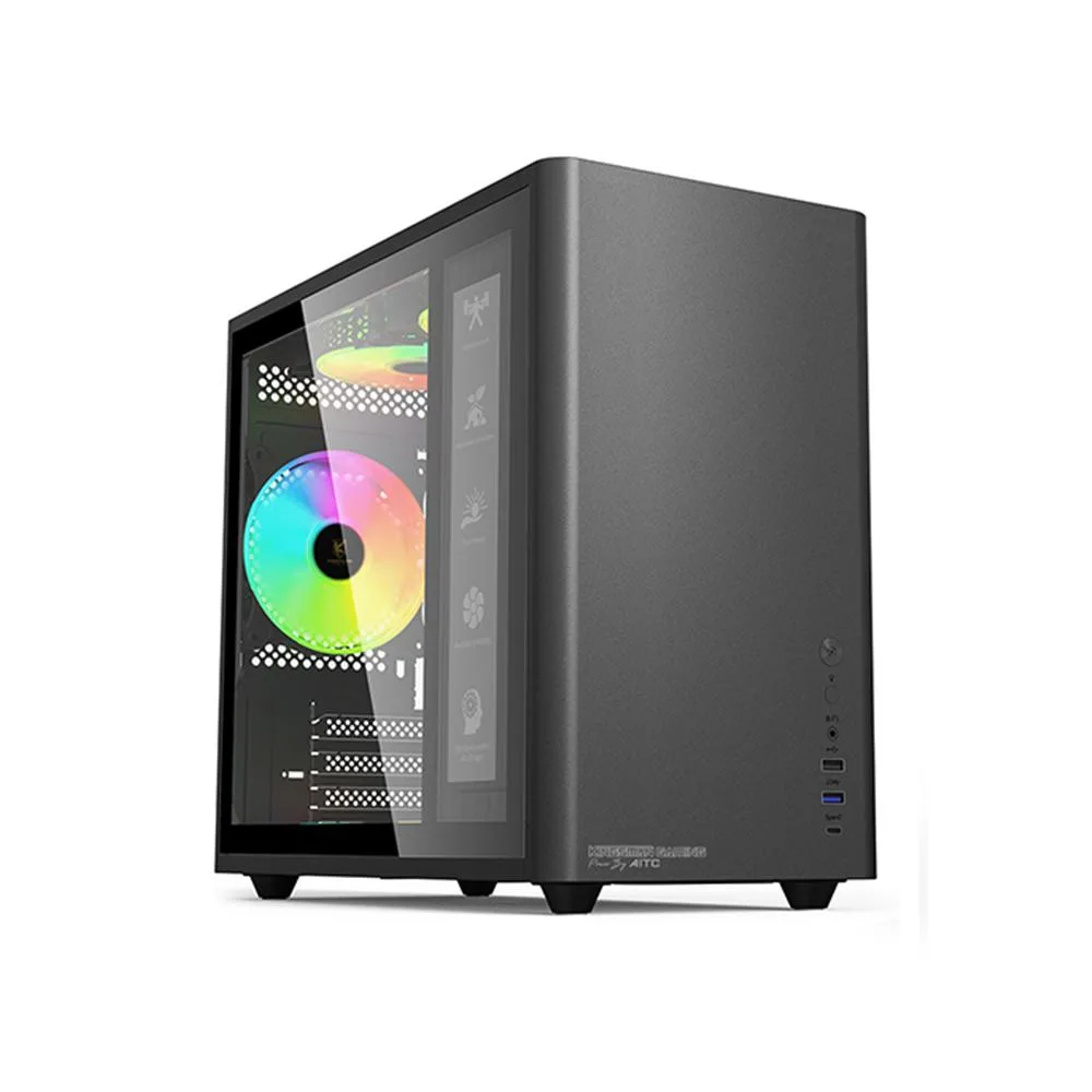 Compact black mini-tower with tempered glass side panel and three ARGB fans visible
