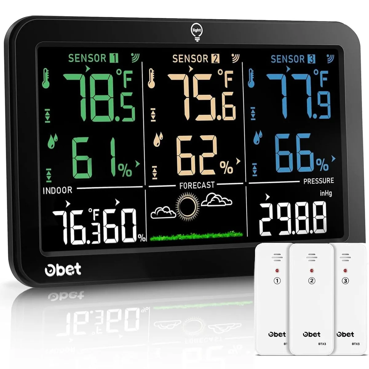 Black rectangular display unit with three small wireless sensors, color LCD screen showing temperature humidity data