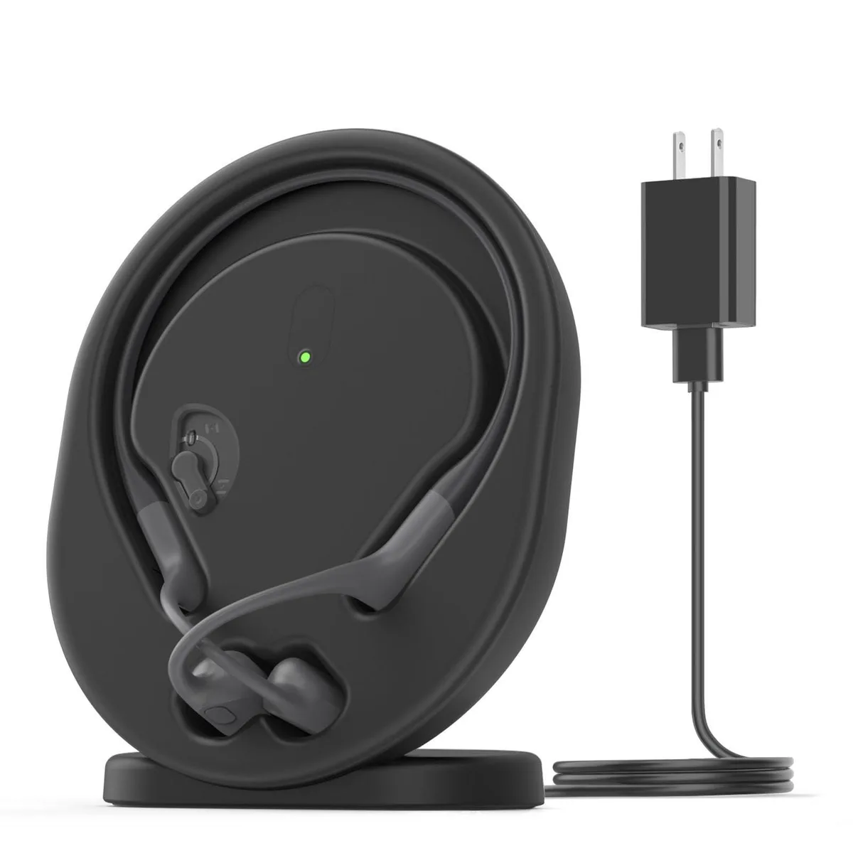 Black magnetic charging stand for Shokz headphones with USB-C cable