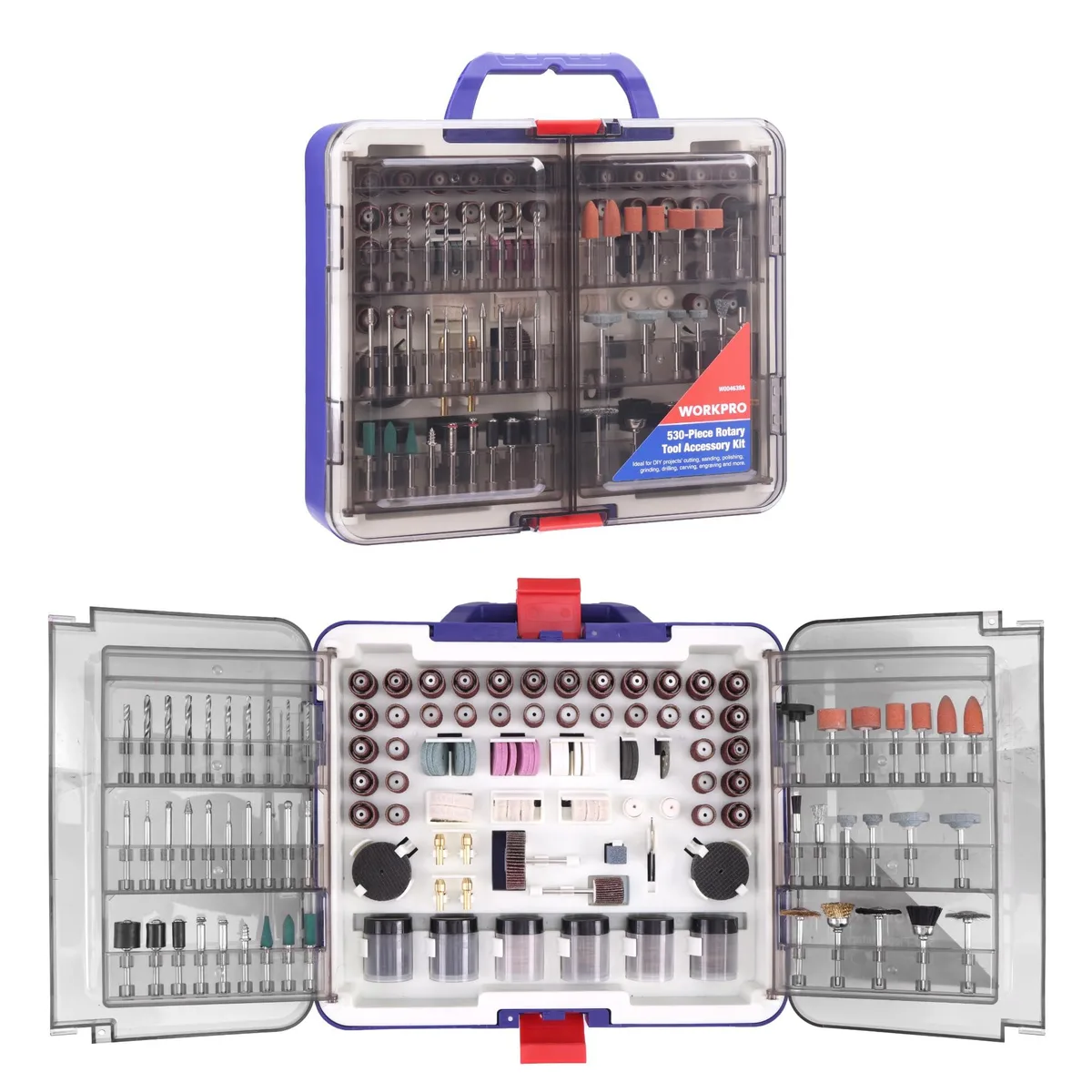Plastic case holding 530 rotary tool bits and accessories