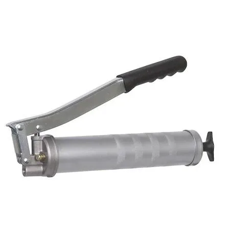 Silver steel lever grease gun with rigid nozzle pipe, grey finish