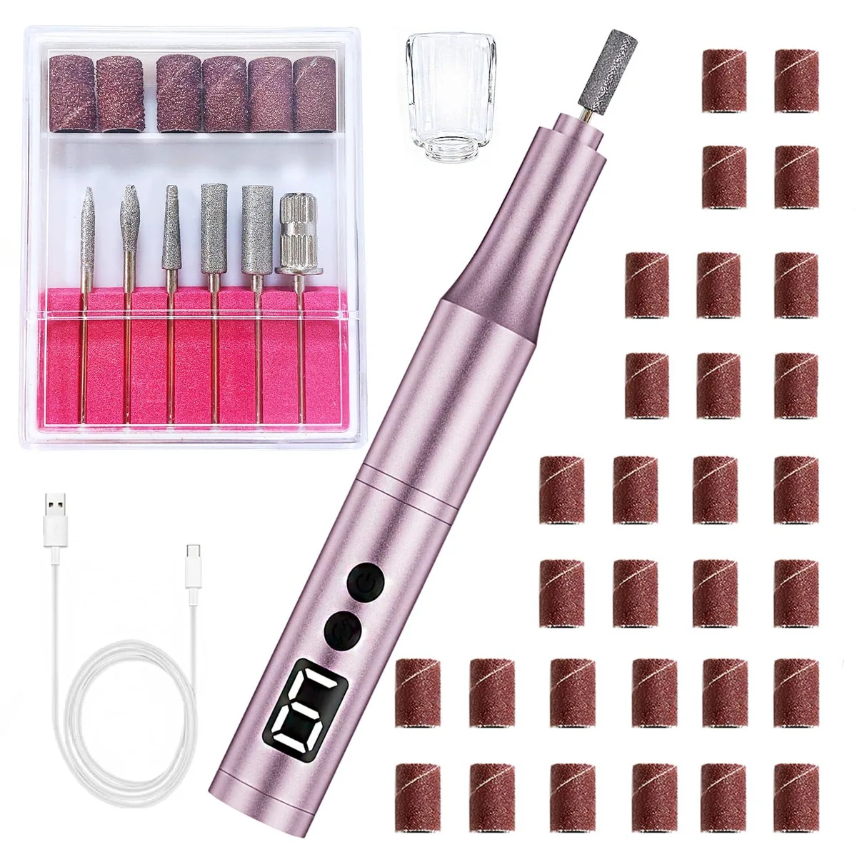 Pink cordless nail drill pen with metal bits and sanding bands