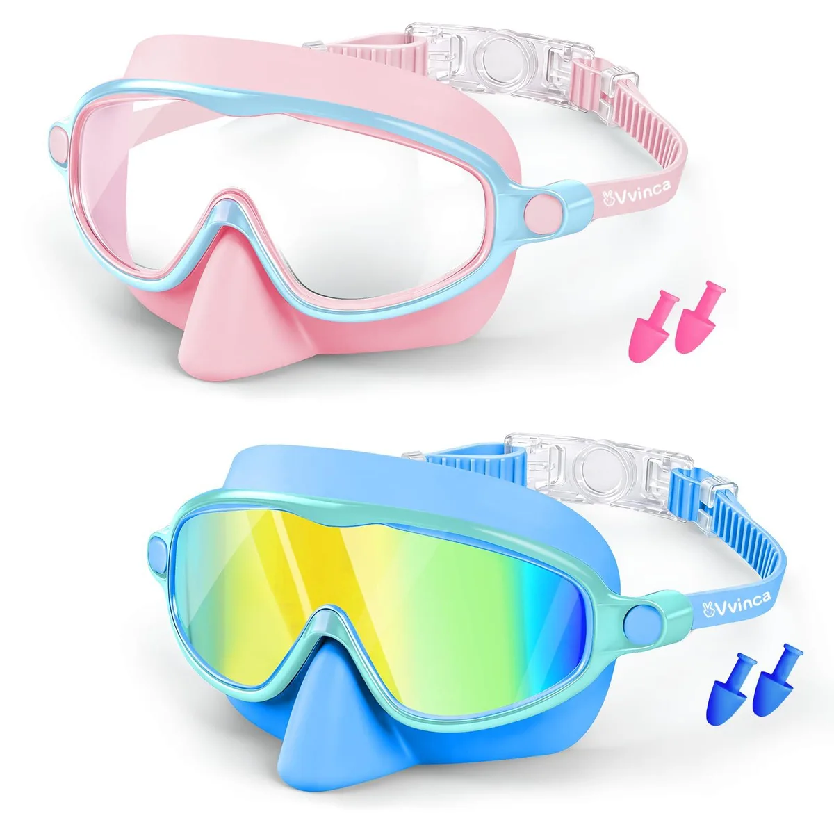 Blue kids swim goggles with integrated nose cover, two-pack