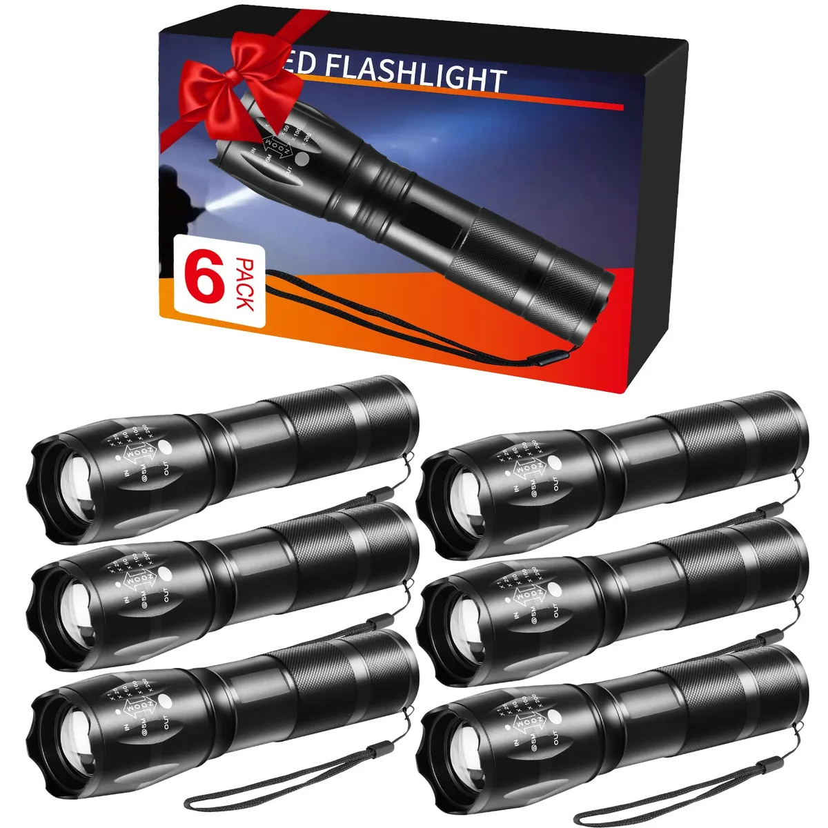 Six compact aluminium tactical flashlights with adjustable focus and wrist straps, shown in a retail box