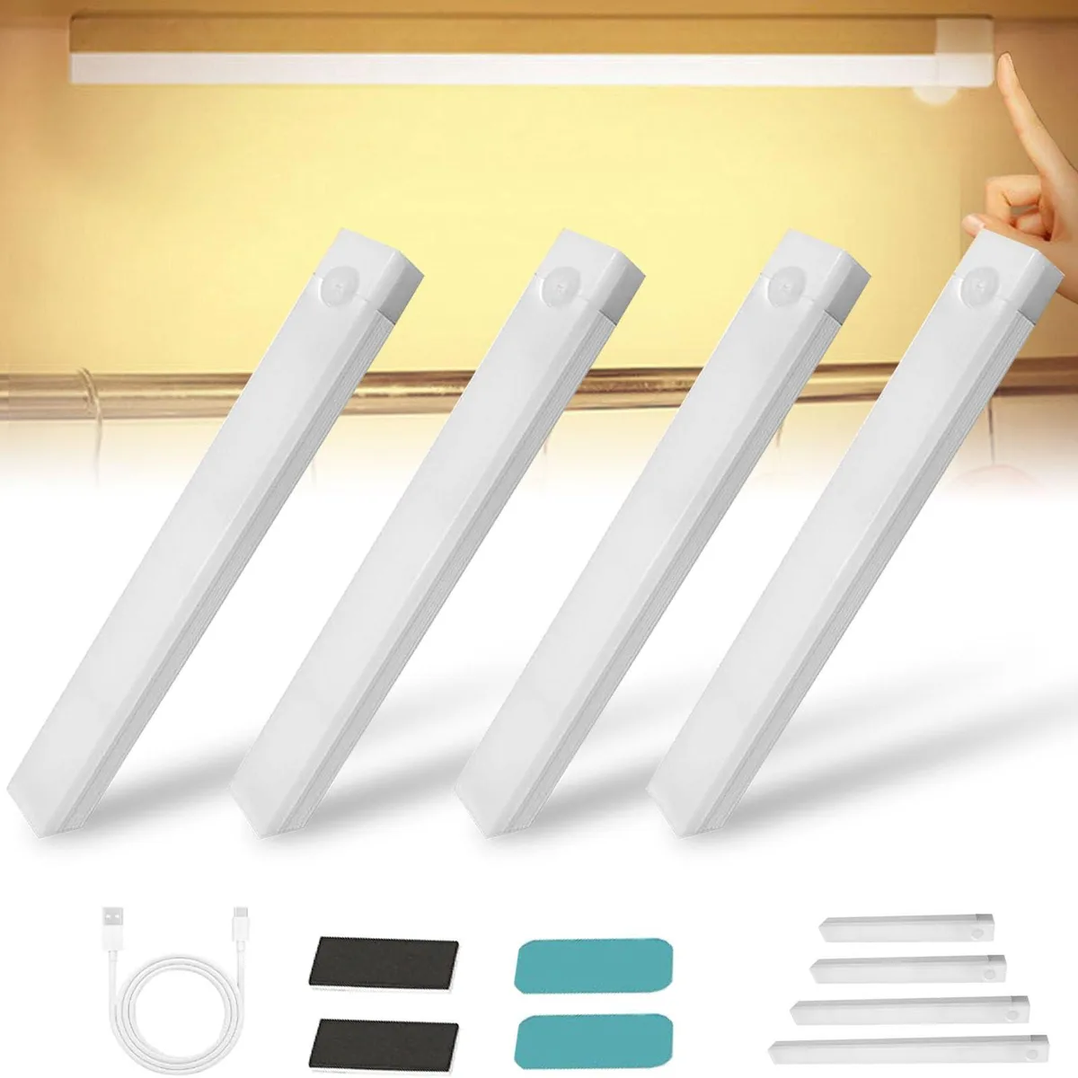 Four small warm-white LED bars with magnetic backs, each ten centimetres long