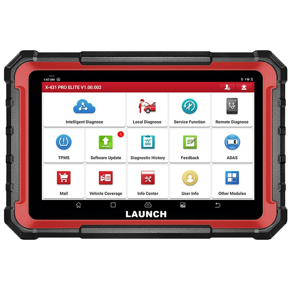 Rectangular diagnostic tablet with dark grey casing and large touchscreen display