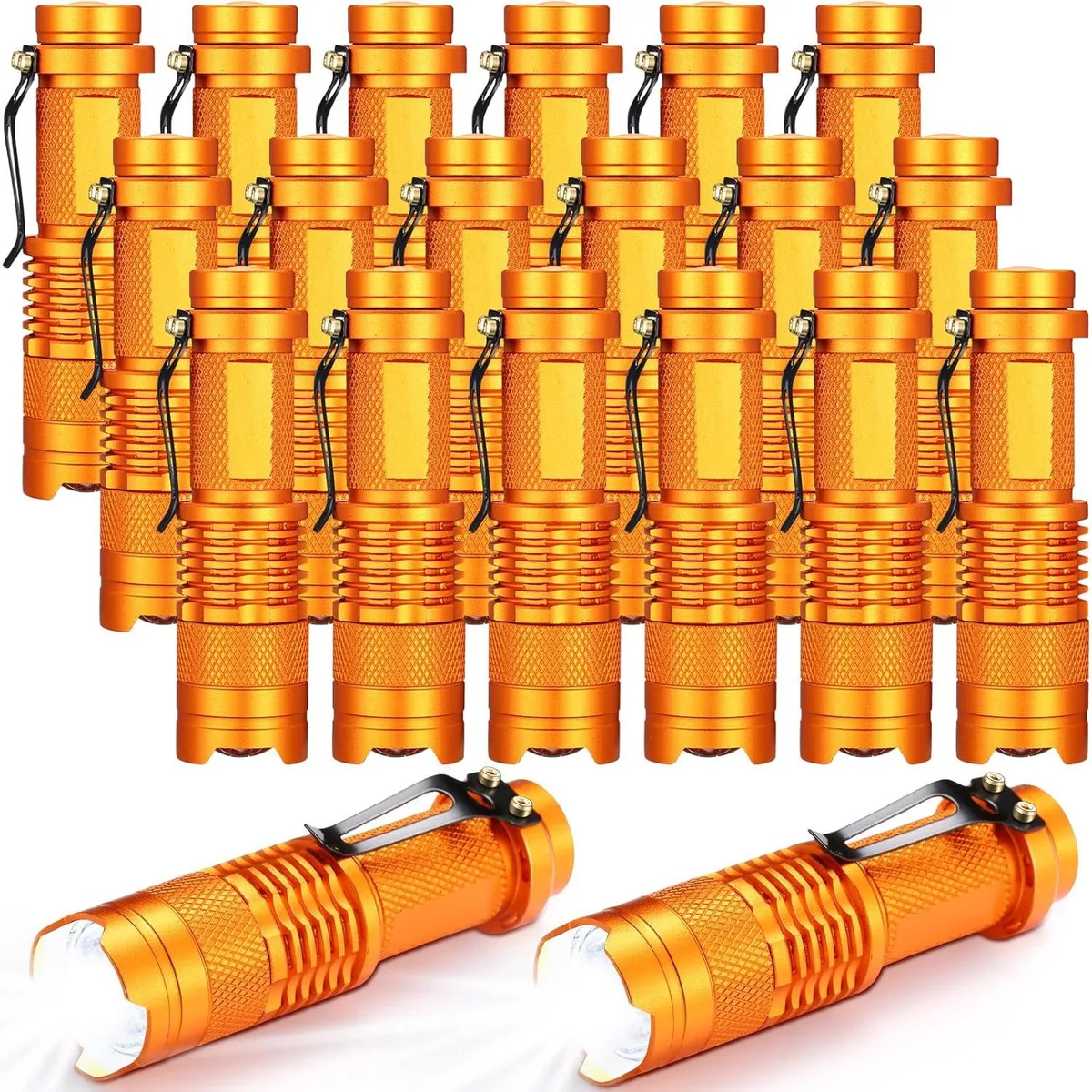 Twenty orange aluminium mini flashlights with pocket clips, each 3.58 x .98 in