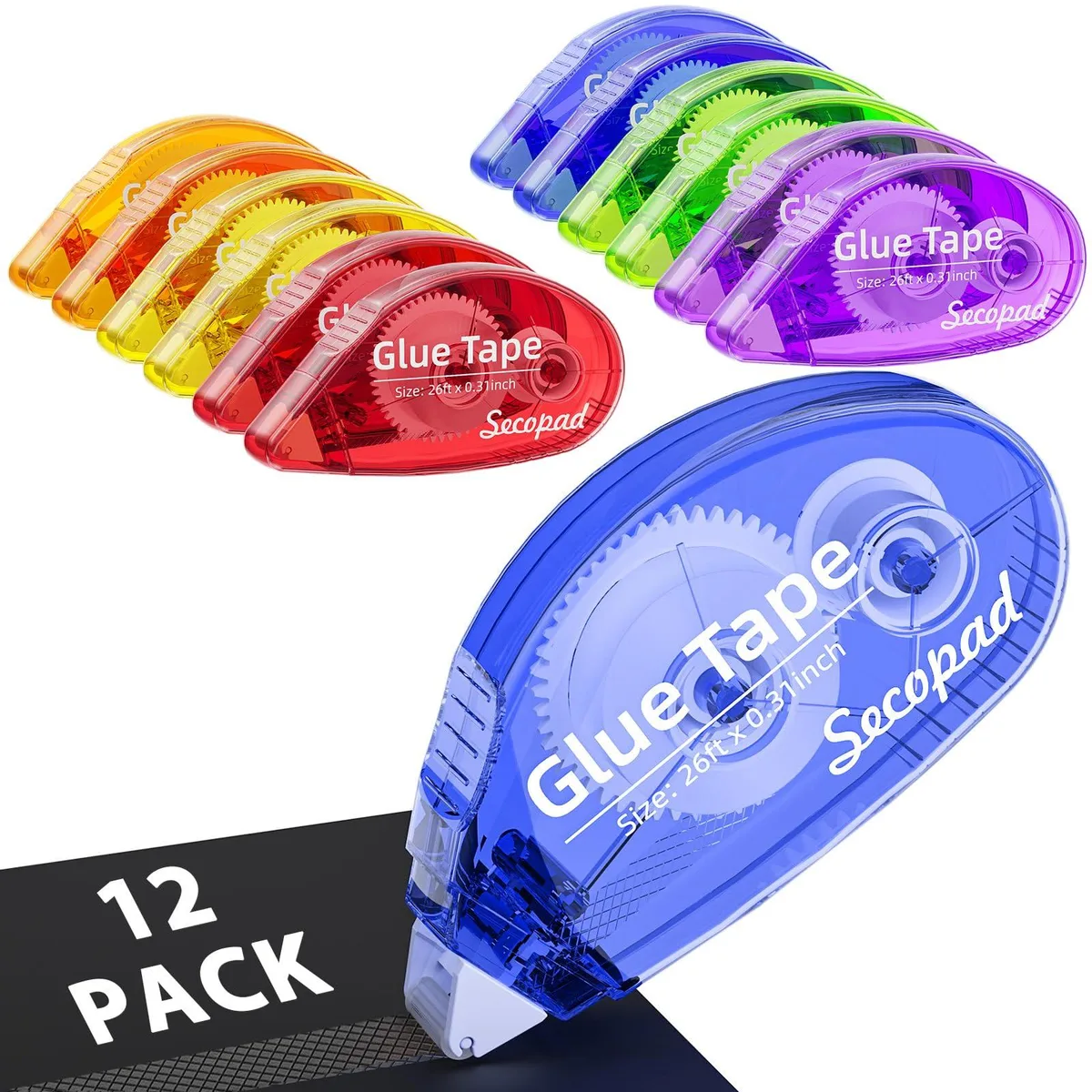 Twelve bright red double-sided tape rollers in a pack
