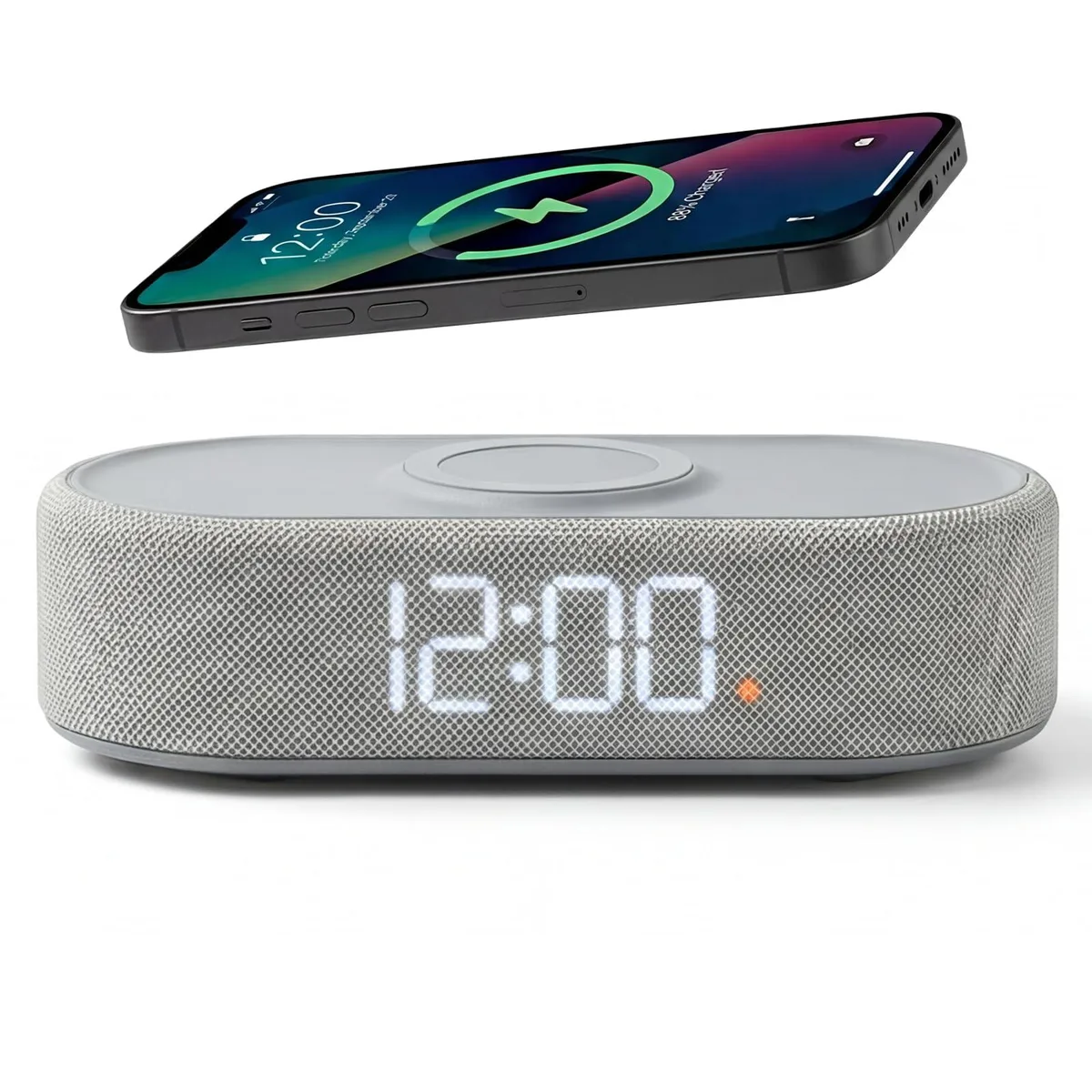 Grey fabric digital clock with wireless charging pad and USB-C port