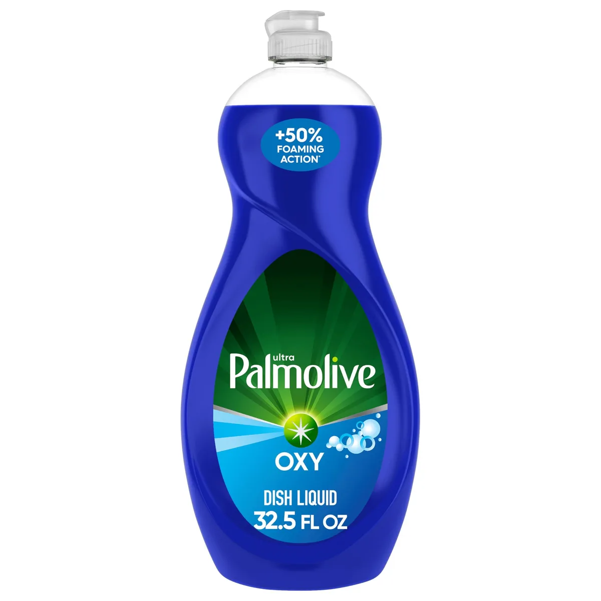 Clear plastic bottle with black cap containing 32.5 fl oz liquid dish soap