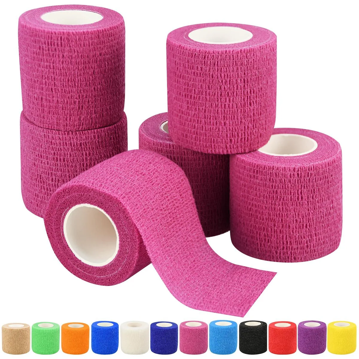 Six pink self-adhesive bandage rolls in individual packaging