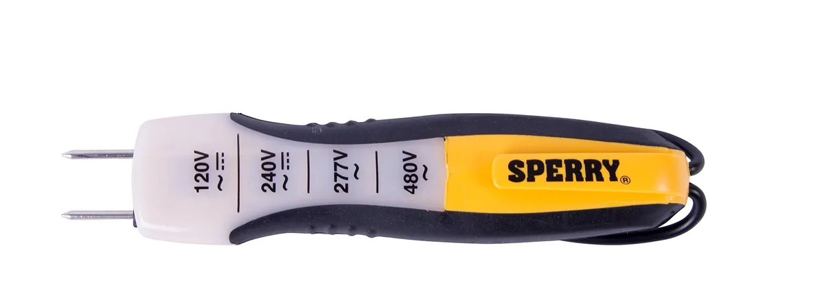Yellow handheld voltage tester with attached probes and pocket clip