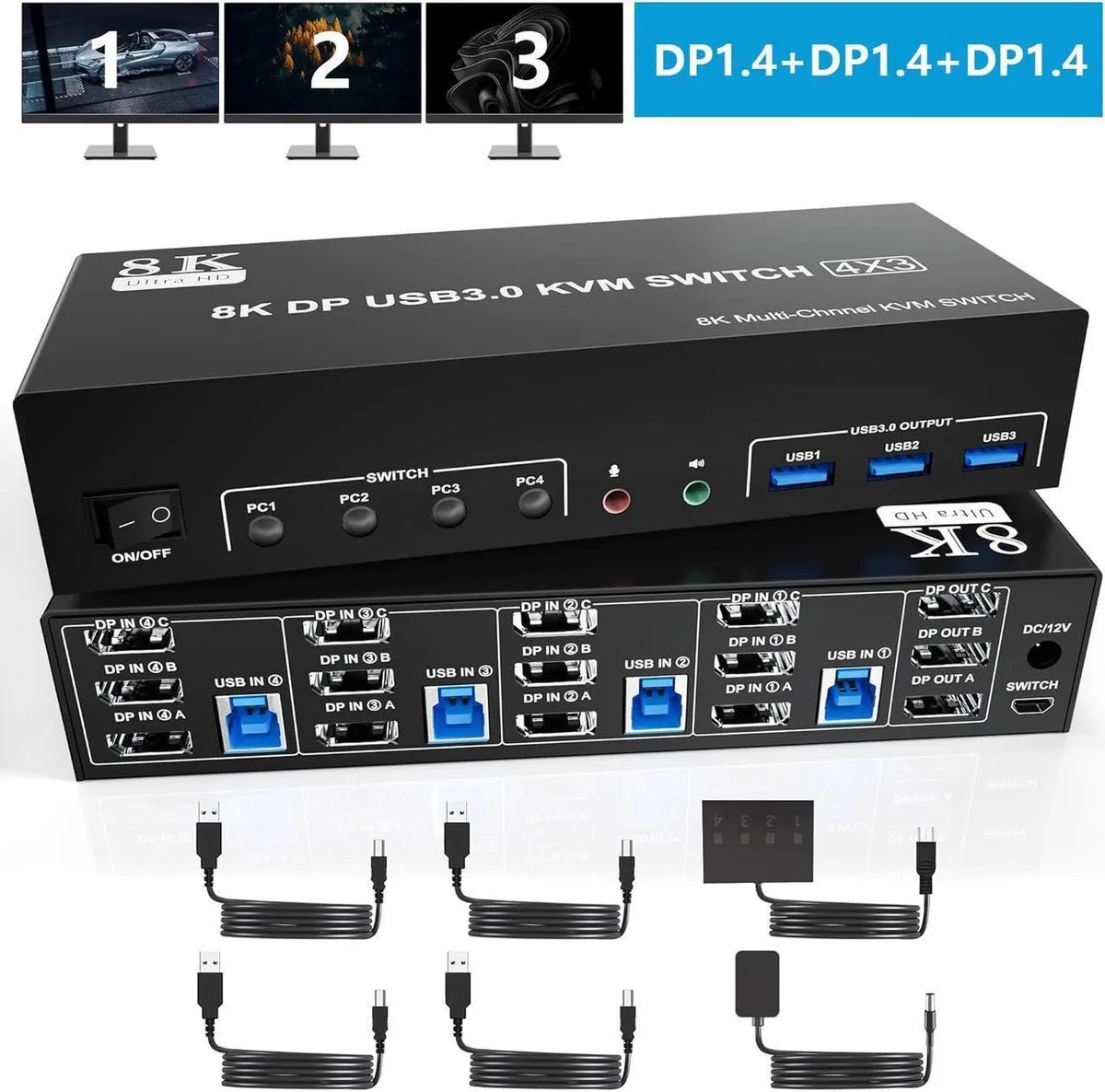 Vszerda Vszerda 8K@60Hz Triple DisplayPort KVM Switch 4-PC 3-Monitor USB 3.0 — product photo