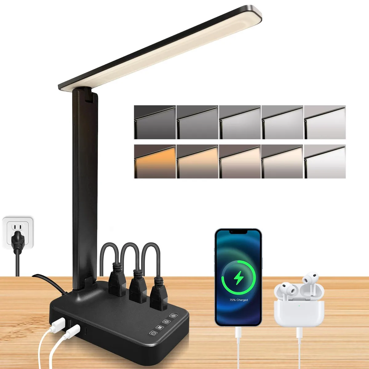 DNBeffulgent DNBeffulgent karidi Minimalist T2508 LED Desk Lamp with Power Strip, 3 AC Outlets &amp; 4 USB Ports (2 USB-C) — product photo