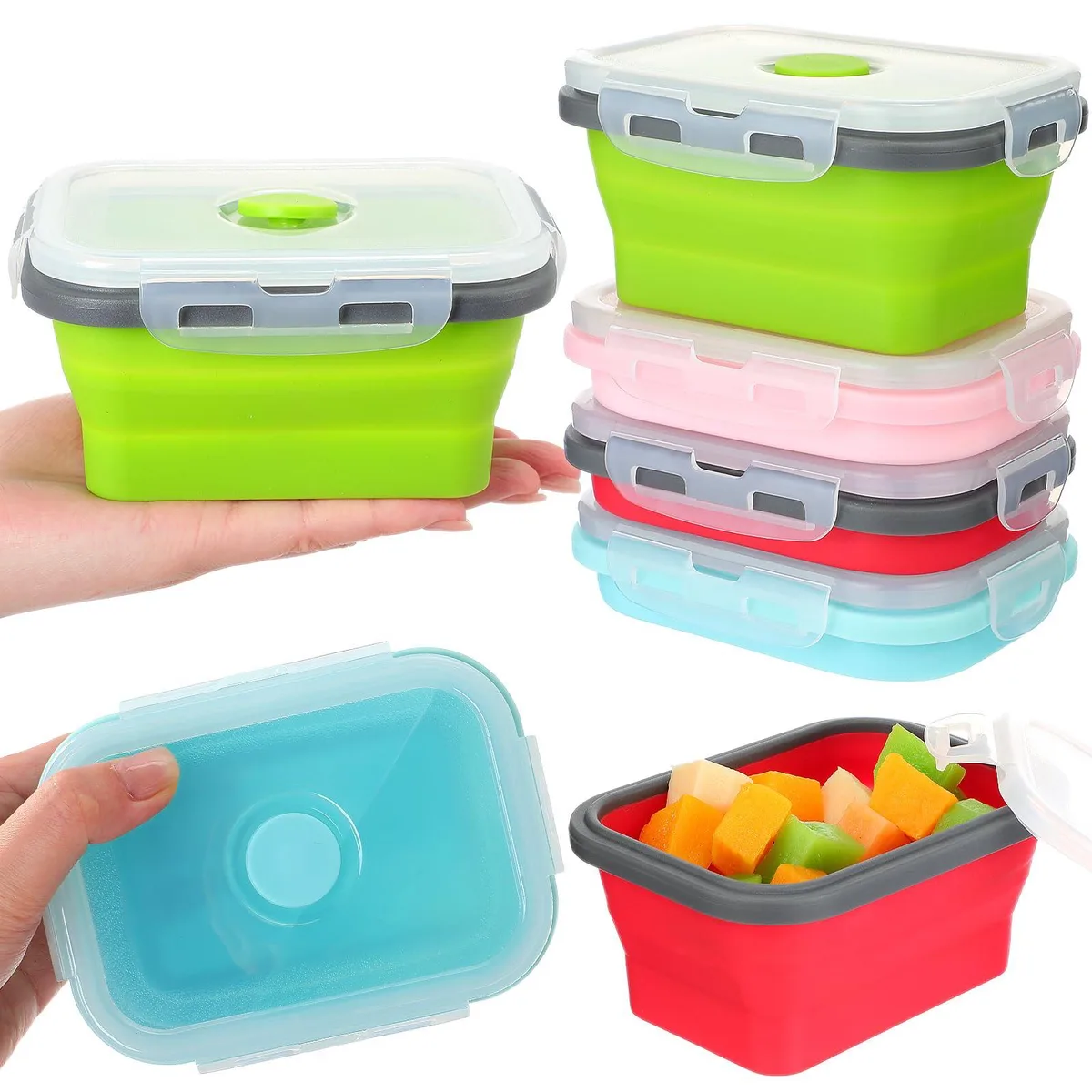 Four collapsible silicone bowls with lids in pink blue green red folded flat showing compact form