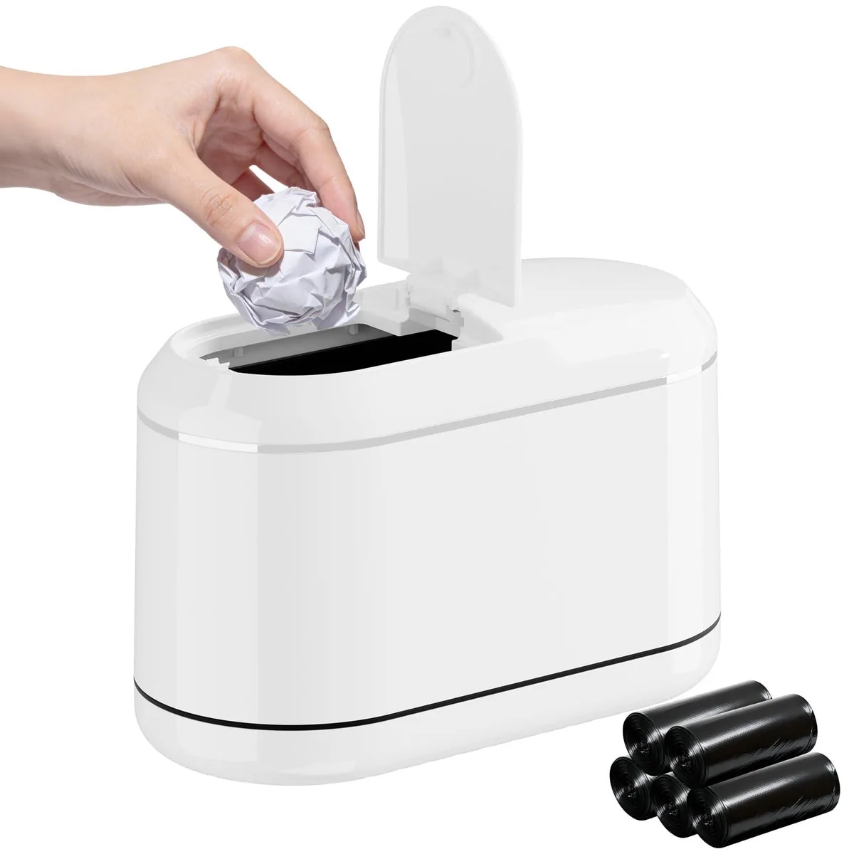  Baldwin Mini Trash Can White Half-Lid 8.7" × 4.25" × 5.78" 3 Pack — product photo