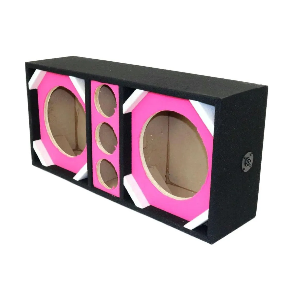 Pink speaker enclosure with two 10-inch woofers and three tweeters