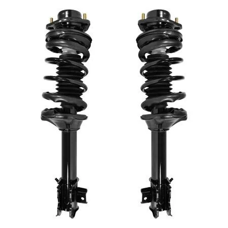 Pair of assembled rear struts with coil springs and top mounts, silver metal finish