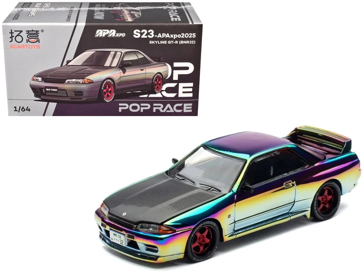 Pop Race Pop Race Skyline GT-R BNR32 RHD Chameleon Chrome Carbon Hood APA XPO 2025 Exclusive 1/64 Hobby Collectible — product photo