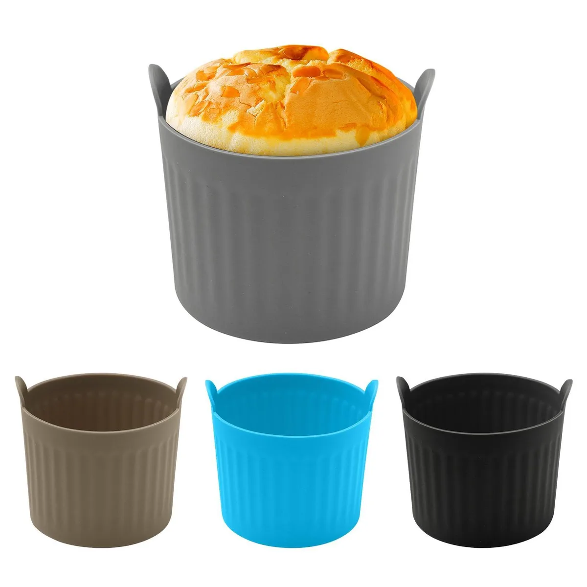 Four silicone baking ramekins in black grey brown and blue with handles