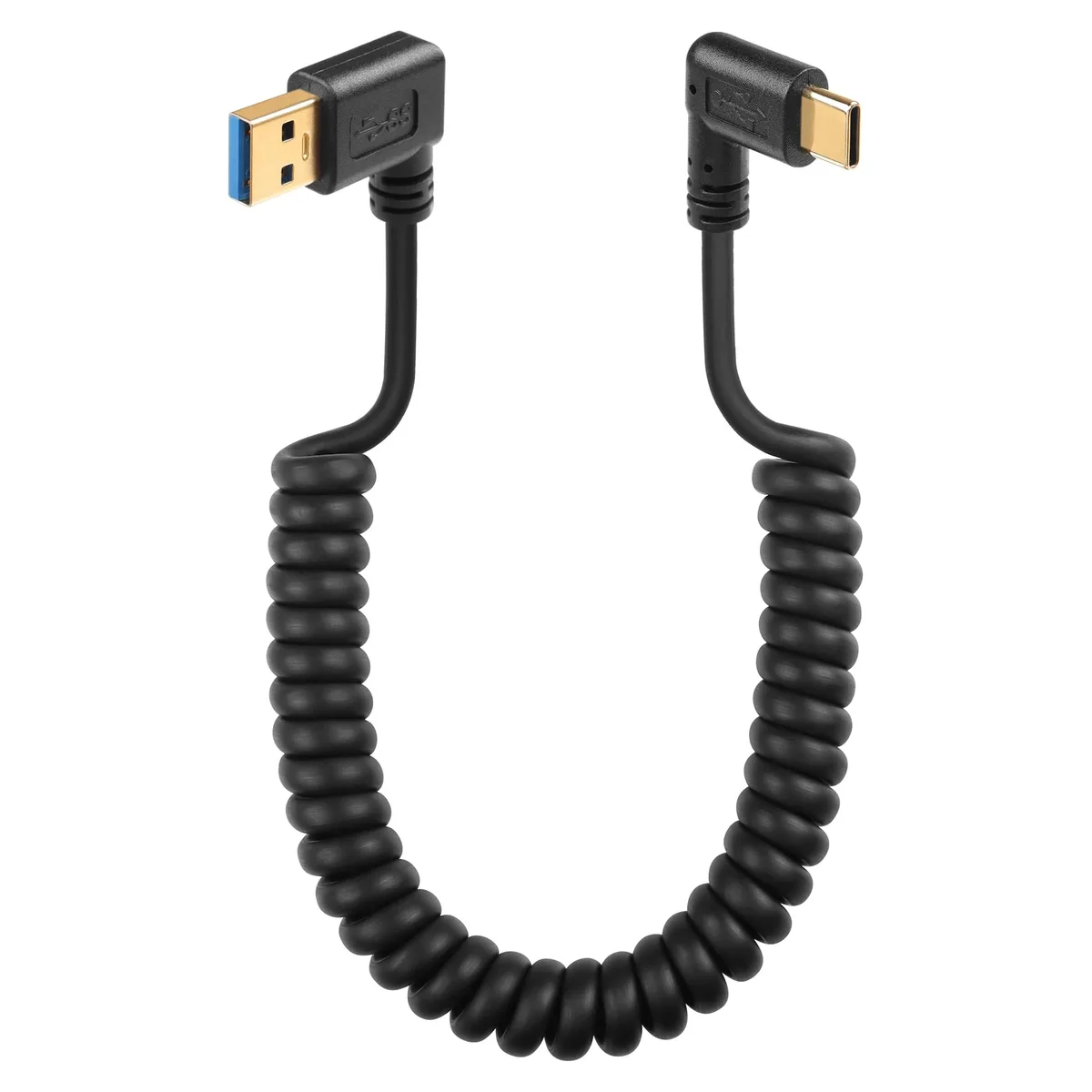 Coiled USB-C spring cable, 90-degree left-angled connector, black PVC jacket