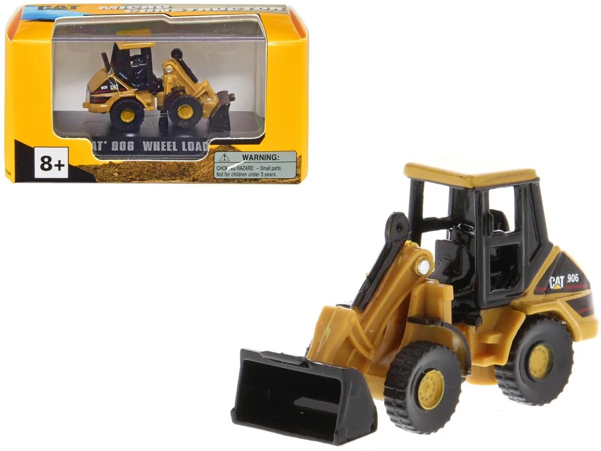 Yellow CAT 906 wheel loader diecast model in clear acrylic display box